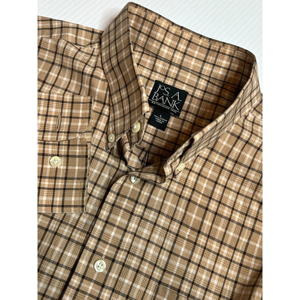 Jos A Banks Mens Long Sleeve Button Down Brown Plaid Shirt Size Large